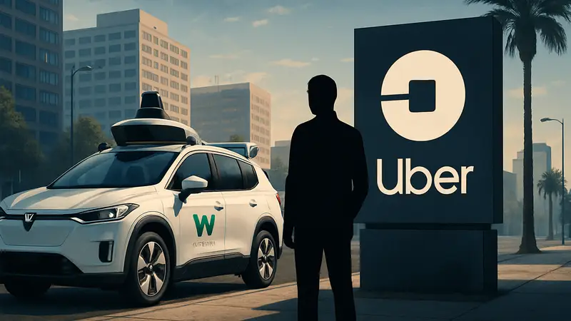Беспилотный автомобиль Waymo рядом с логотипом Uber, символизирующий завершение партнёрства