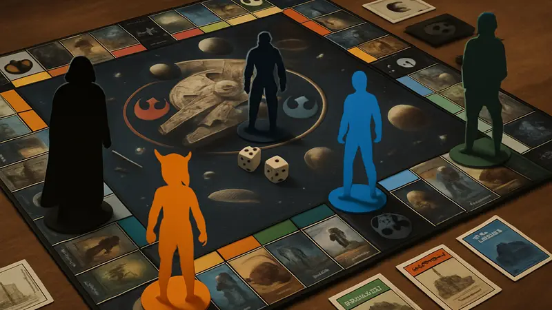 Игровое поле Monopoly: Star Wars Heroes vs. Villains с фишками персонажей и карточками собственности из вселенной Звездных войн.