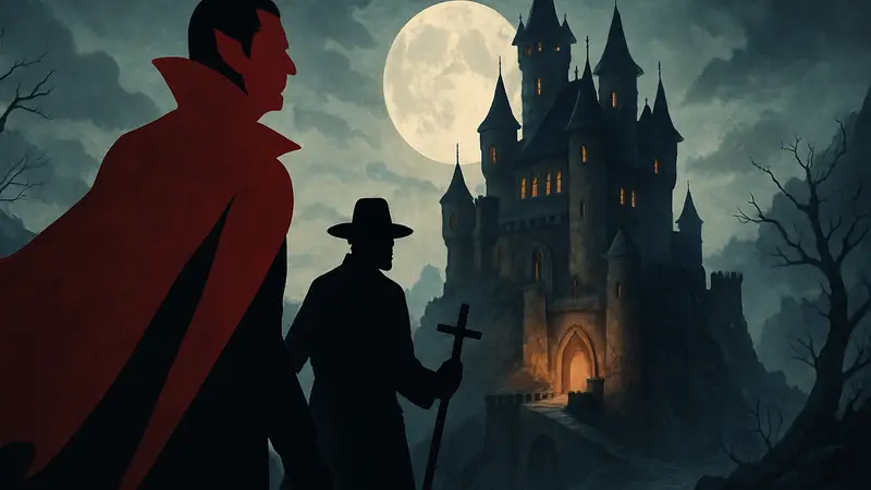 Обложка дополнения Crown of Blood для настольной игры «Талисман» с Дракулой и Ван Хельсингом.