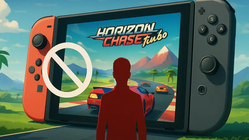 Обложка игры Horizon Chase Turbo с гоночными автомобилями и логотипом Nintendo Switch, символизирующая удаление из eShop.