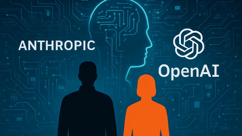 Логотипы Anthropic и OpenAI на фоне цифровых элементов ИИ.