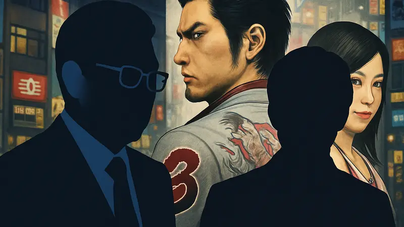 Актер Теруюки Кагава и директор Рёсукэ Хории на фоне постера Yakuza Kiwami 3.