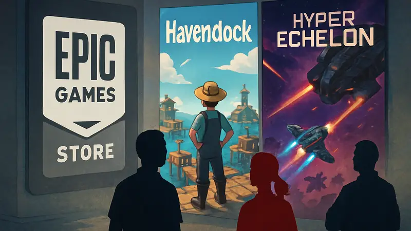 Логотип Epic Games Store и обложки игр Havendock и Hyper Echelon
