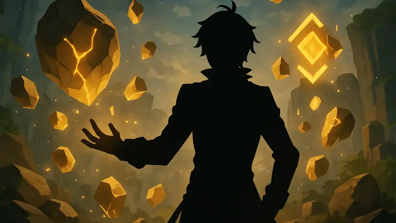 Изображение персонажа Иллуга из Genshin Impact в окружении Гео-элементов, демонстрирующего свои способности.