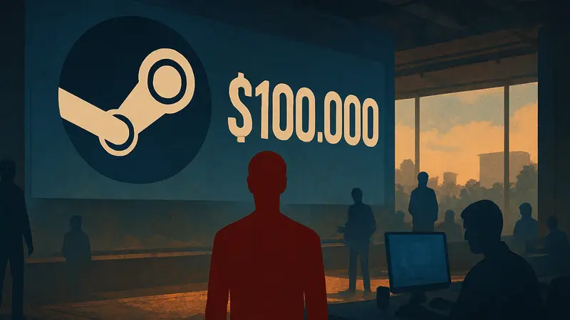 Логотип Steam и цифра $100,000, символизирующая доходы игр на платформе Valve.