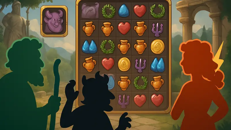 Скриншот игры Mythmatch с персонажами и полем для Match-3 головоломок.