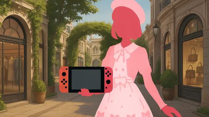 Персонаж из Fashion Dreamer демонстрирует новый наряд из DLC "Present from Eve" на Nintendo Switch.