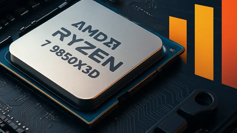 Процессор AMD Ryzen 7 9850X3D, установленный на материнскую плату, с визуализацией результатов бенчмарков, демонстрирующих производительность.