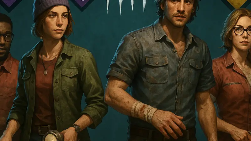 Четыре выживших из Dead by Daylight, демонстрирующие различные перки и предметы.