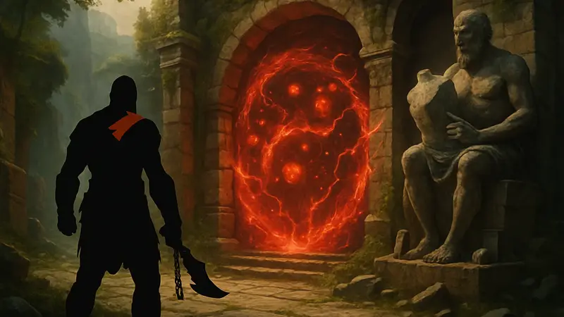 Изображение Кратоса из God of War: Sons of Sparta у барьера Скульптора, открывающего галерею за 7500 Кровавых сфер.