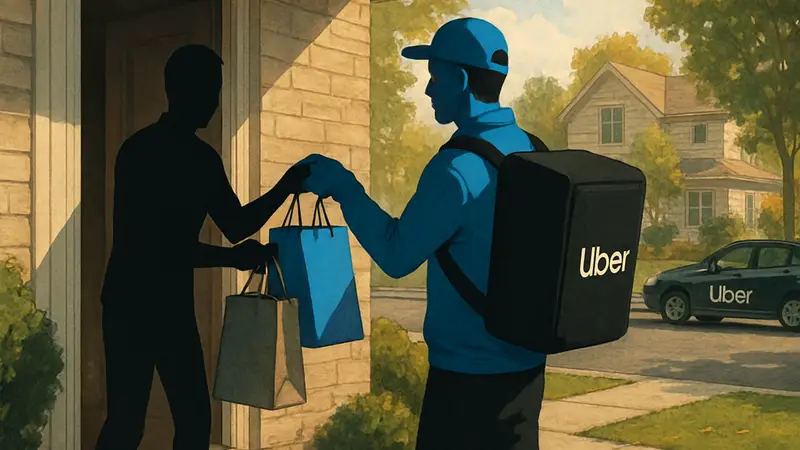 Курьер Uber забирает пакеты для возврата товаров у дома клиента, демонстрируя новую услугу.