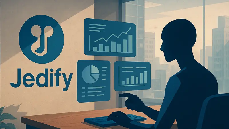Логотип компании Jedify и иллюстрация ИИ-агента, работающего с бизнес-данными
