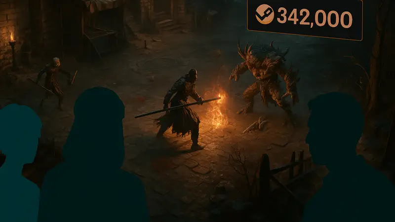 Скриншот Diablo 4, демонстрирующий игровой процесс и количество игроков в Steam.