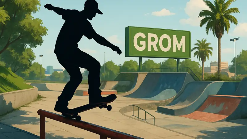 Игровой персонаж на скейтборде, выполняющий трюк на новой локации "Grom" из игры Skate.