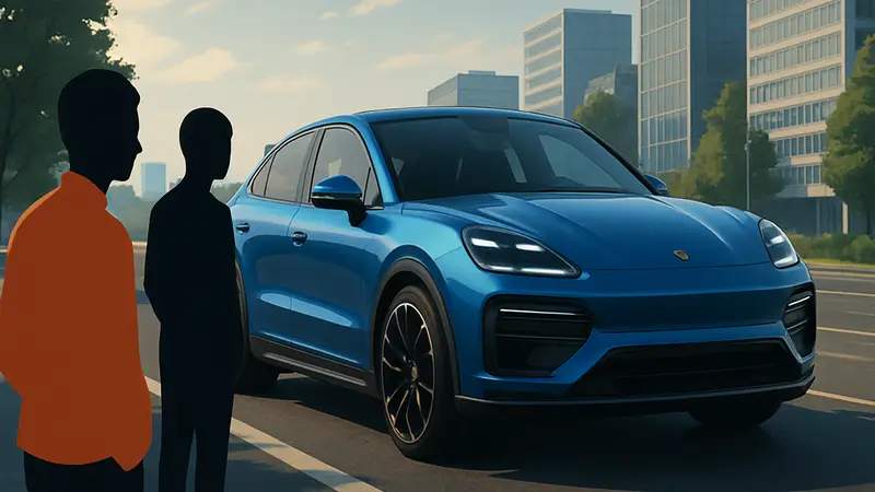 Электрический Porsche Cayenne Coupe синего цвета на дороге, демонстрирующий дизайн и современные технологии.