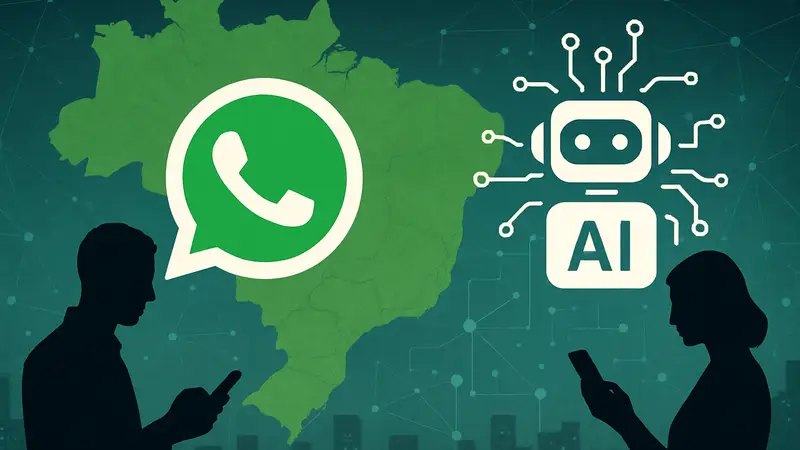 Логотип WhatsApp и символы искусственного интеллекта на фоне карты Бразилии, цифровые сервисы