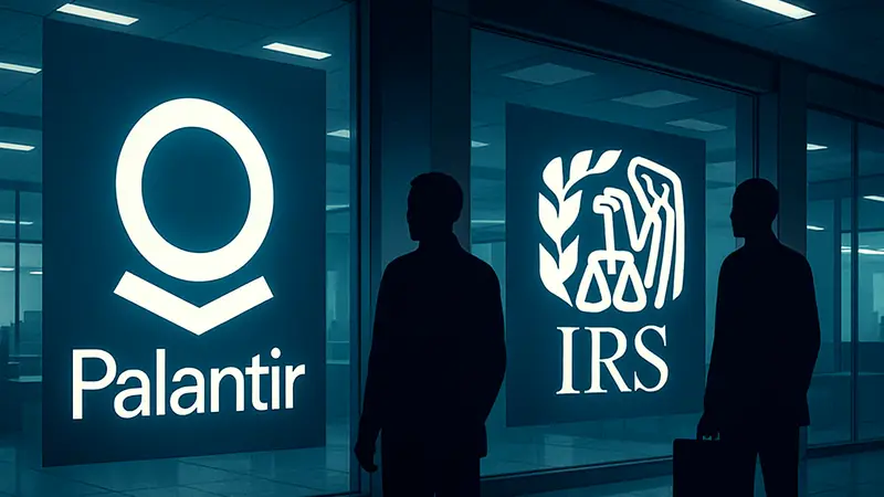 Графическое изображение логотипа Palantir и знака IRS, символизирующее сотрудничество в сфере технологий для борьбы с финансовыми преступлениями.