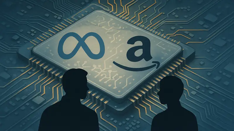Изображение логотипов Meta и Amazon на фоне микросхемы, символизирующей ИИ-процессоры.