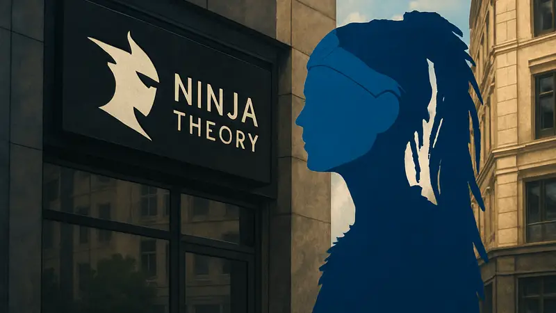 Логотип Ninja Theory и стилизованное изображение Сенуа из игры Hellblade.