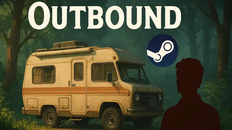 Логотип игры Outbound на фоне уютного фургона для путешествий, с иконкой Steam.
