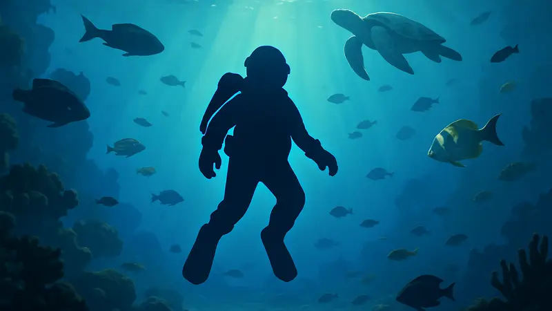 Главный герой Дэйв из игры Dave the Diver в водолазном костюме, плавающий среди рыб.