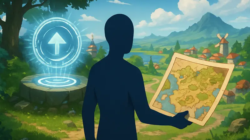 Игровой мир Pokopia с элементами быстрого перемещения, включая иконку телепорта и карту.