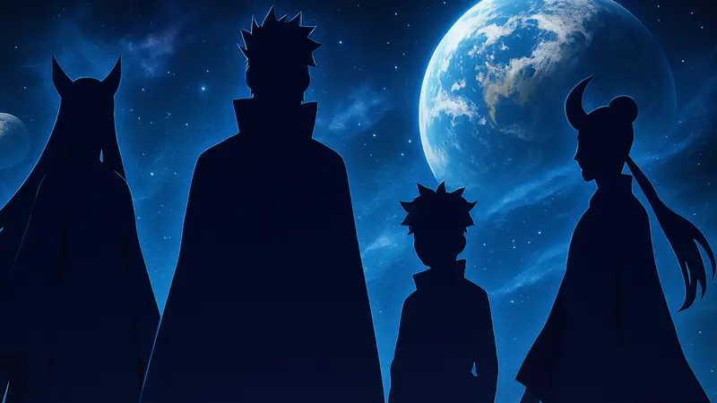 Члены клана Ооцуцуки из аниме "Наруто" / "Боруто" на фоне космических пейзажей.