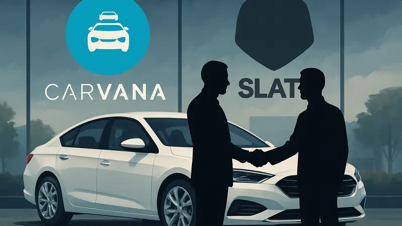 Логотипы компаний Carvana и Slate Auto на фоне новой машины, символизирующей партнерство.