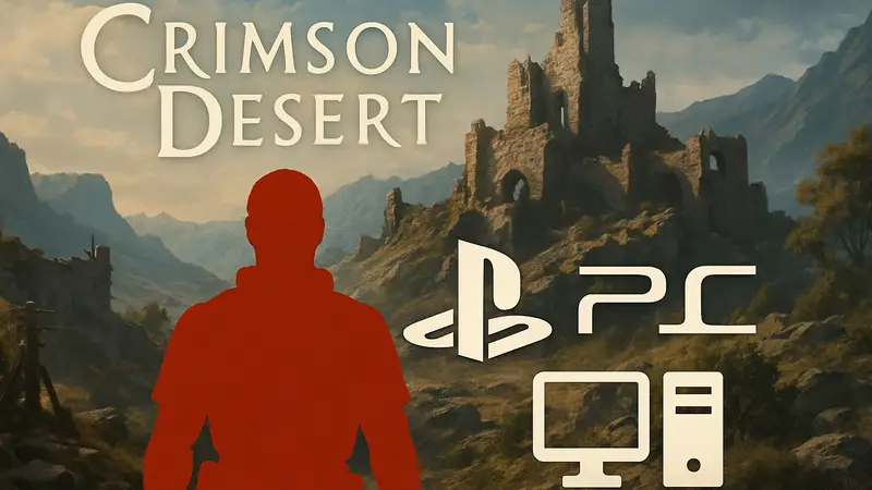 Логотип Crimson Desert с символами PlayStation 5 и ПК, указывающими на отсутствие консольных обзоров.