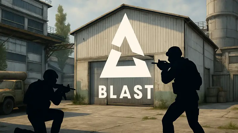 Игровой скриншот карты Cache в Counter-Strike 2 с логотипом BLAST на заднем плане.