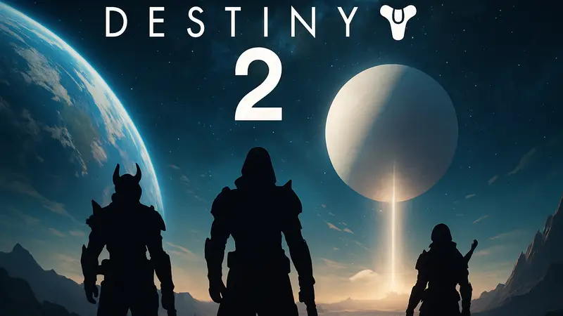 Логотип Destiny 2 на фоне космического пейзажа с персонажами Стражей, символизирующий завершение одной главы и начало новой.