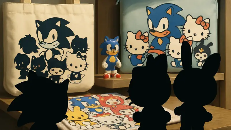Изображение персонажей Sonic и Sanrio вместе на различных предметах мерчендайза