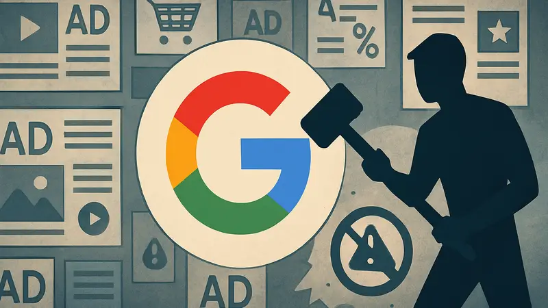 Логотип Google на фоне стилизованной рекламы, символизирующей борьбу с некачественным контентом