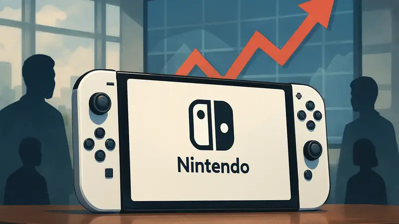 Изображение консоли Nintendo Switch 2 с логотипом Nintendo, на фоне новостей о росте цен.