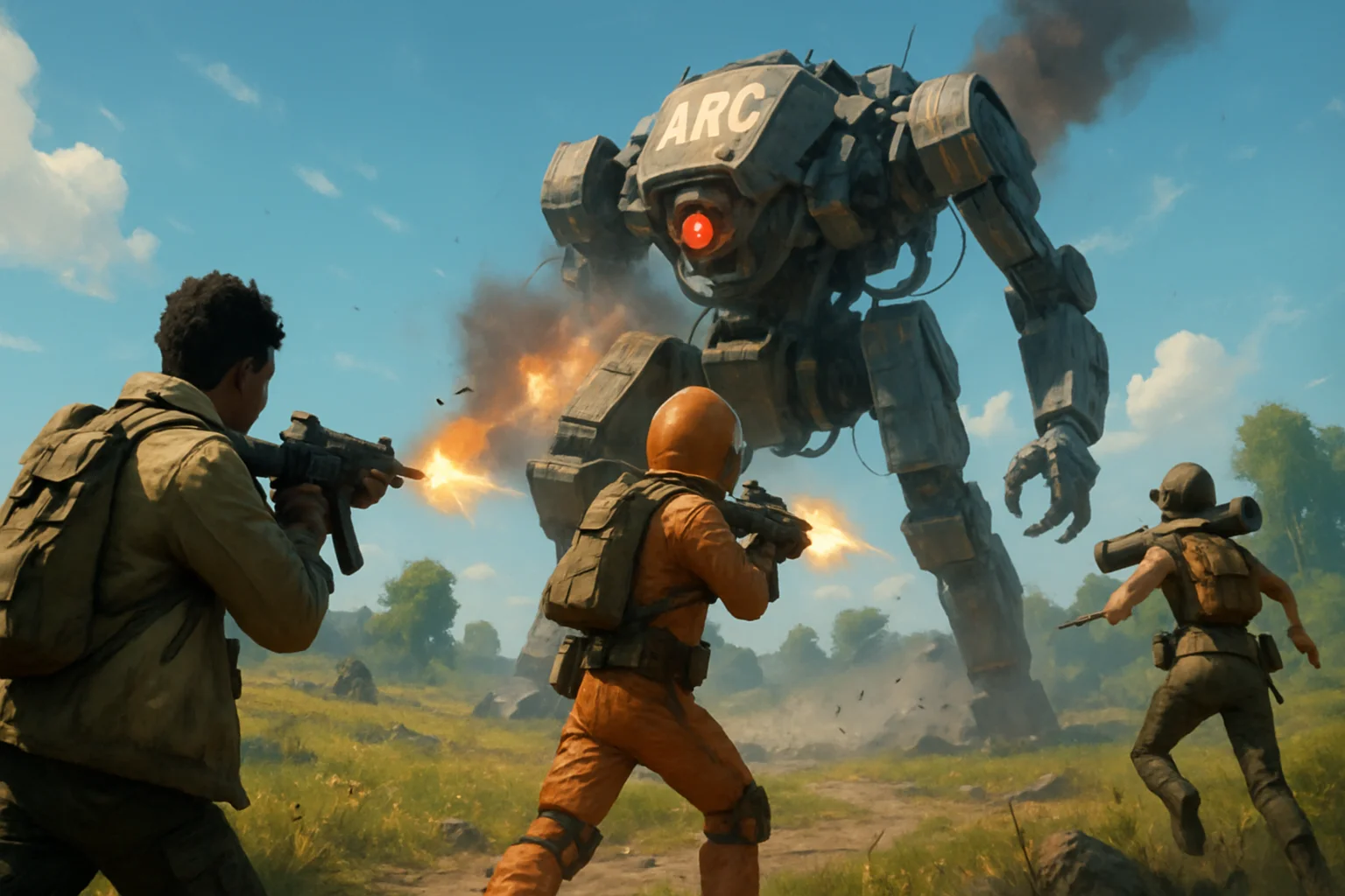 Игровой скриншот из ARC Raiders с эпичной битвой или персонажами