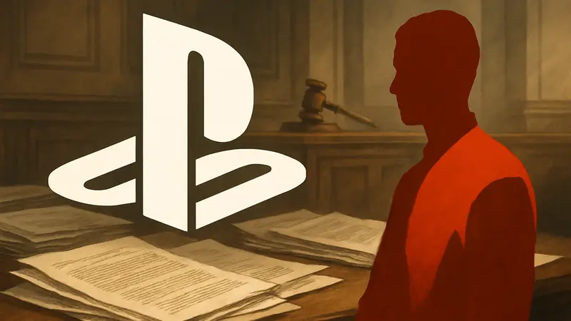 Логотип PlayStation на фоне судебных документов, символизирующий иск против Sony.