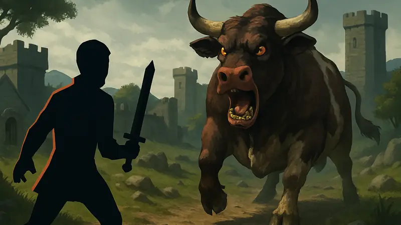 Новый босс Брутус, корова, атакует игрока в Old School Runescape.