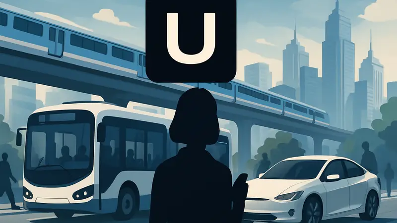 Технологии: Логотип Uber на фоне современного городского транспорта.