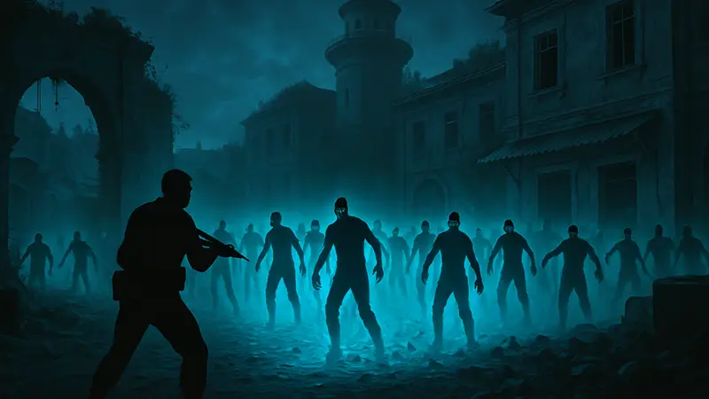 Скриншот из Call of Duty Black Ops 7 режима Zombies с новой картой и толпами зомби, освещённых мистическим светом.