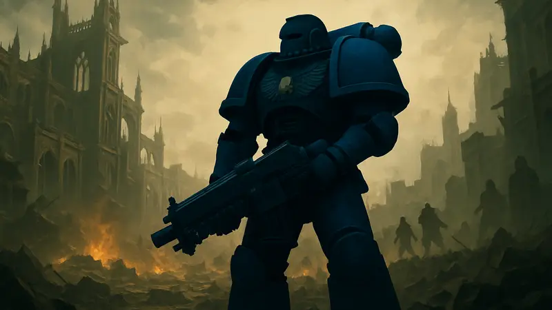 Космодесантник в броне из Warhammer 40,000: Space Marine 2 с оружием на поле боя