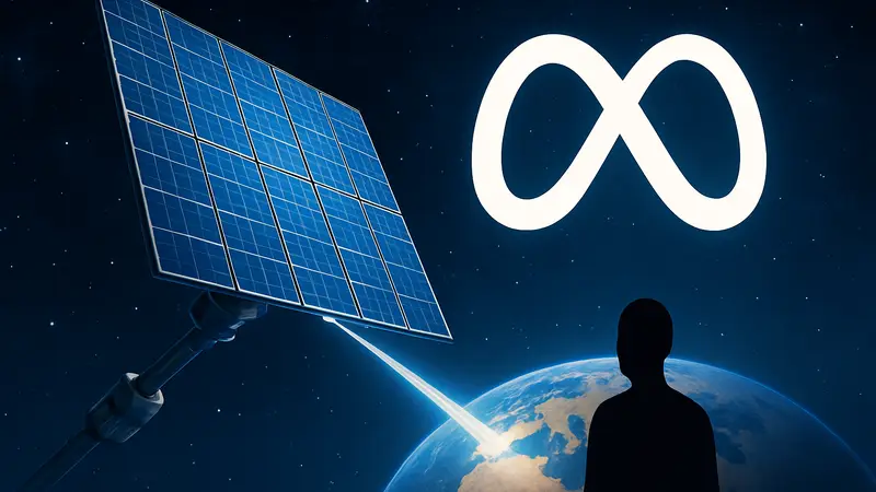 Солнечная панель в космосе, передающая энергию на Землю, на фоне логотипа Meta