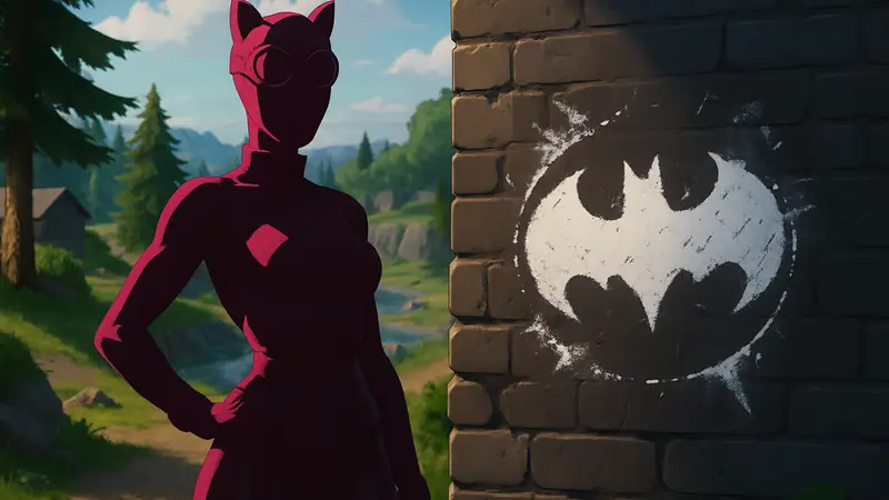 Женщина-кошка из Fortnite, иллюстрация персонажа в игре. Спрей Бэтмена как награда.