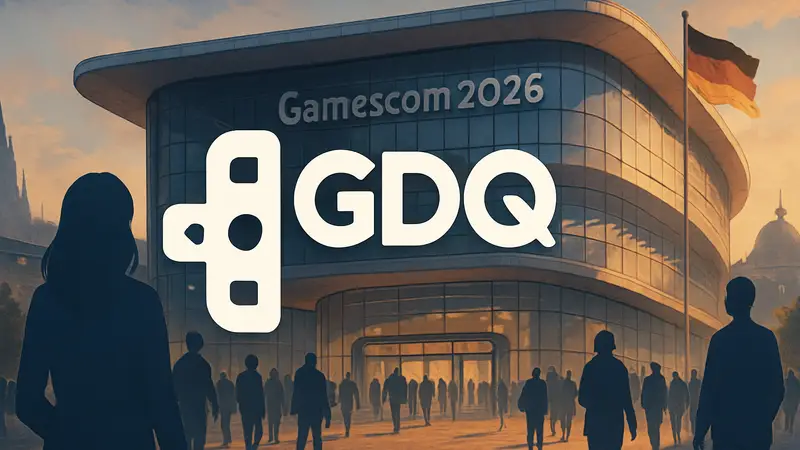 Games Done Quick — логотип мероприятия на фоне Gamescom 2026 в Германии.