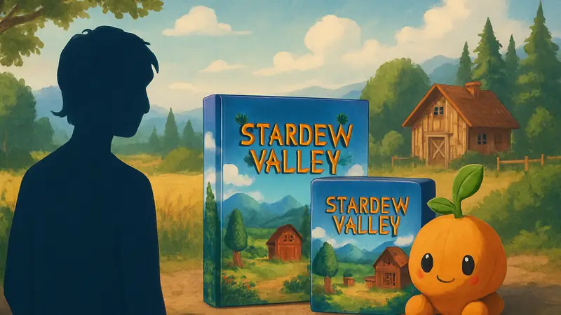 Изображение книги, настольной игры и плюшевой игрушки по Stardew Valley, символизирующих идеи подарков.