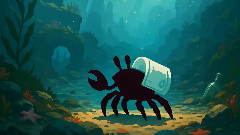 Скриншот из игры Another Crab's Treasure с крабом-протагонистом, использующим мусор в качестве брони