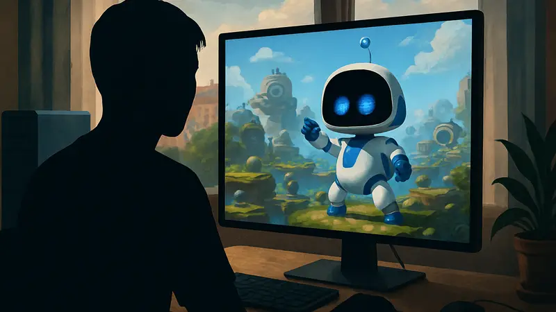 Astro Bot, персонаж PS5-эксклюзива, на экране ПК, запущенный через эмулятор