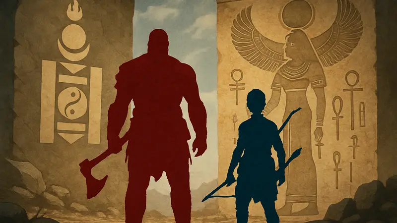 Кратос и Атрей на фоне символов монгольской и египетской мифологии из God of War.