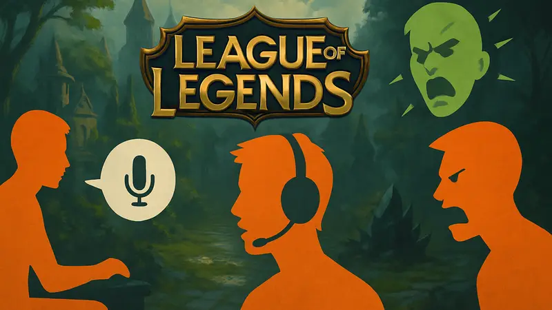 Игроки League of Legends общаются в голосовом чате, логотип LoL, концепт токсичности в играх.