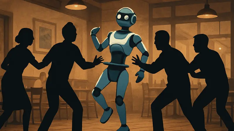 Танцующий робот-официант в ресторане, которого пытаются остановить