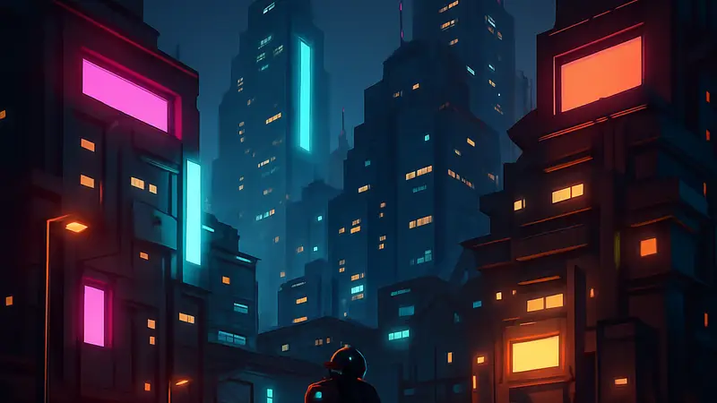 Изображение киберпанк-города, построенного игроком в No Man's Sky, с неоновыми огнями и футуристическими зданиями.